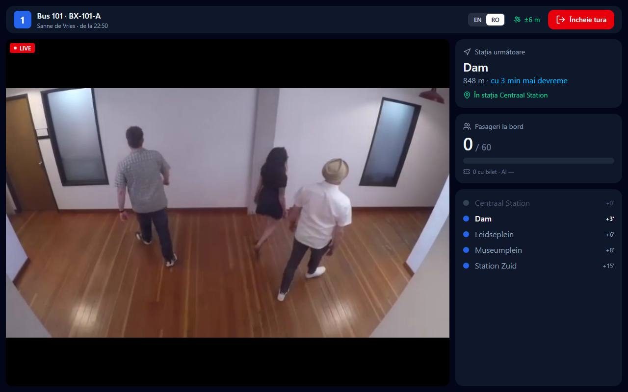 Tableta șoferului cu camera live, stația următoare, pasagerii la bord și stațiile rămase